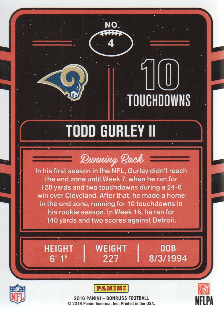 2016 Donruss Production Line Touchdowns #4 Todd Gurley back image
