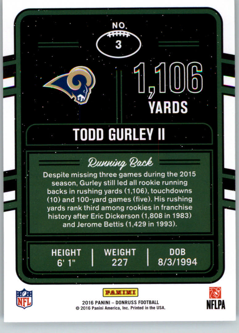 2016 Donruss Production Line Yards #3 Todd Gurley back image