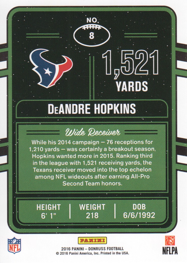2016 Donruss Production Line Yards #8 DeAndre Hopkins back image