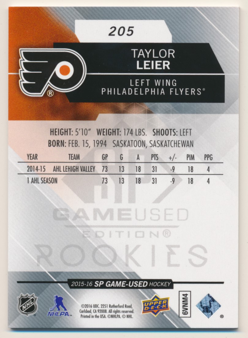 2015-16 SP Game Used #205 Taylor Leier/58 RC/(inserted in 2015-16 Upper Deck Portfolio) back image