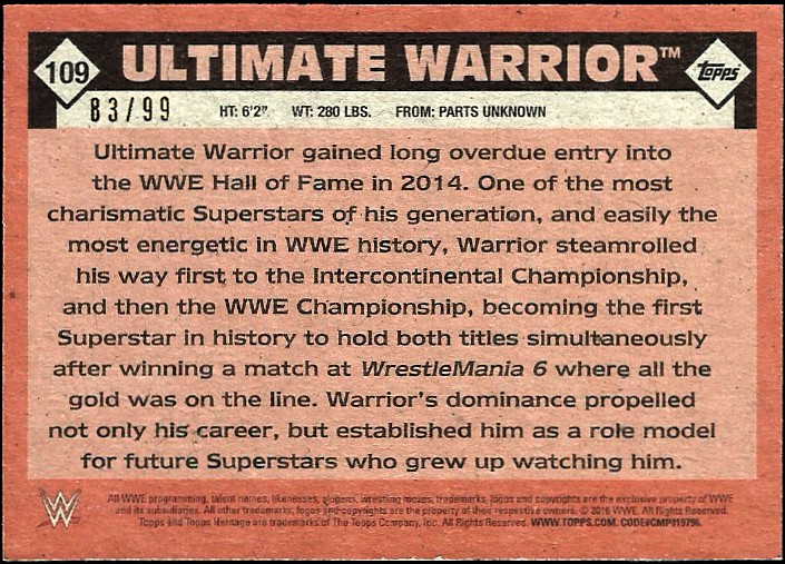 2016 Topps Heritage WWE Silver #109 Ultimate Warrior L back image