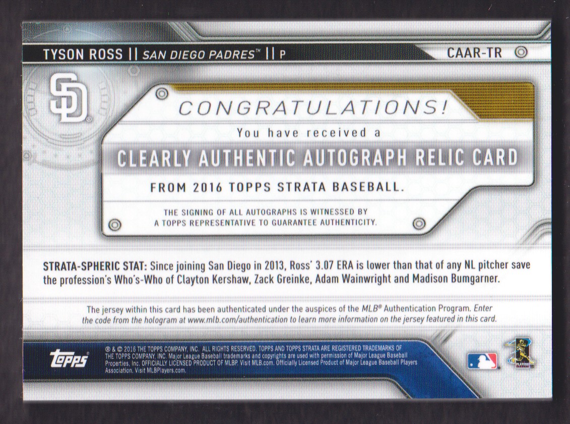 2016 Topps Strata Clearly Authentic Autograph Relics Green #CAARTR Tyson Ross back image