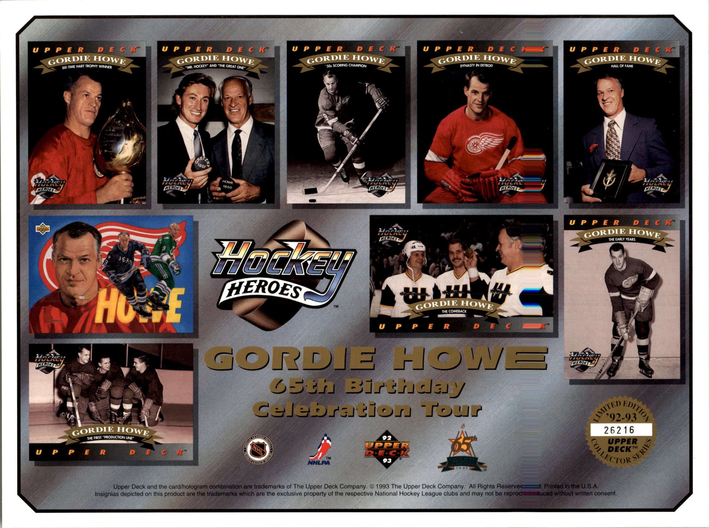 1992-93 Upper Deck Sheets #3 Gordie Howe 65th Birthday/Celebration Tour/(Nine Howe Hockey Heroes cards)