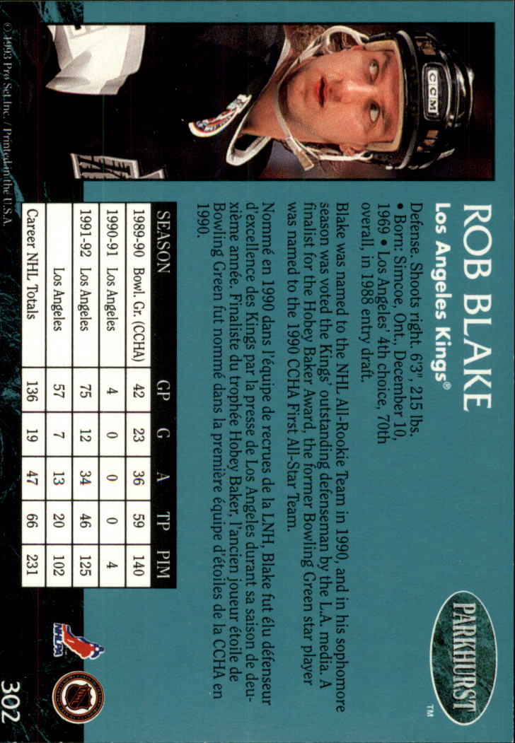 1992-93 Parkhurst #302 Rob Blake back image