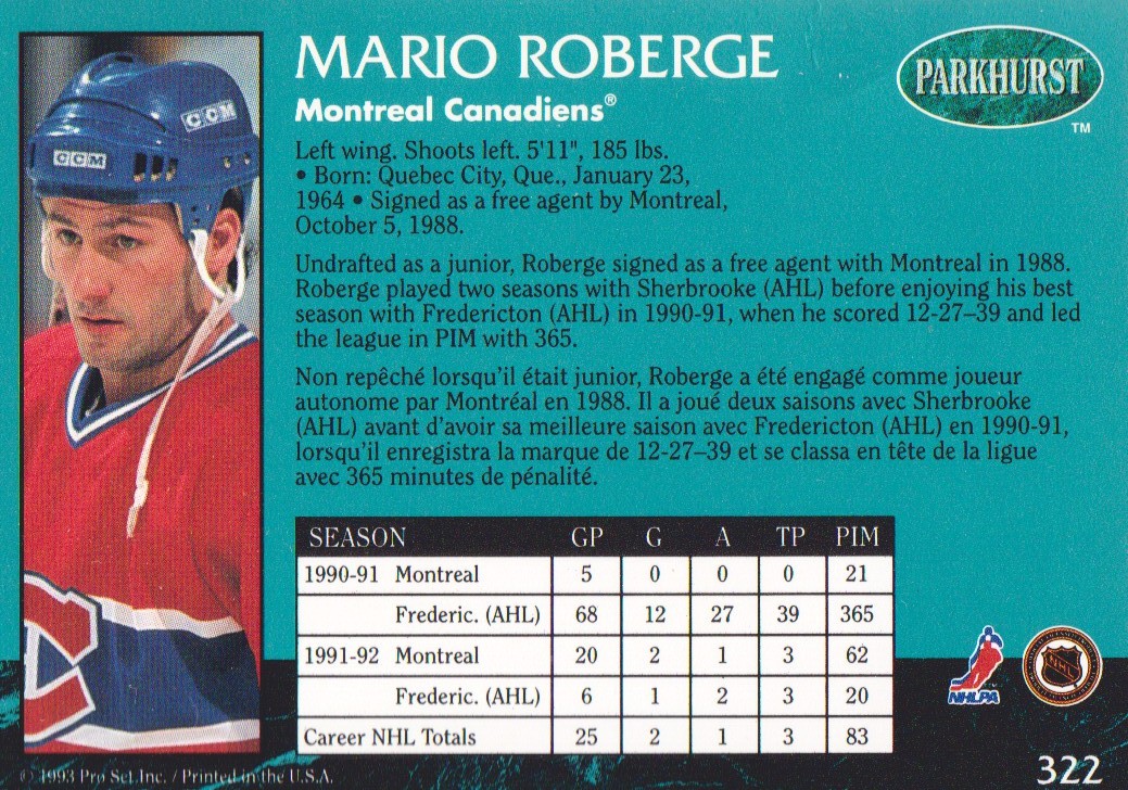 1992-93 Parkhurst #322 Mario Roberge back image
