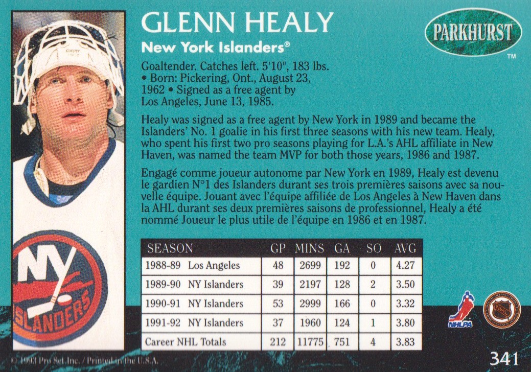 1992-93 Parkhurst #341 Glenn Healy back image