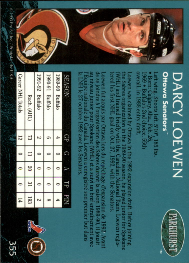 1992-93 Parkhurst #355 Darcy Loewen back image