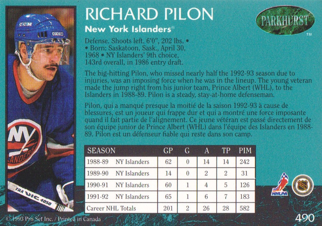1992-93 Parkhurst #490 Rich Pilon back image