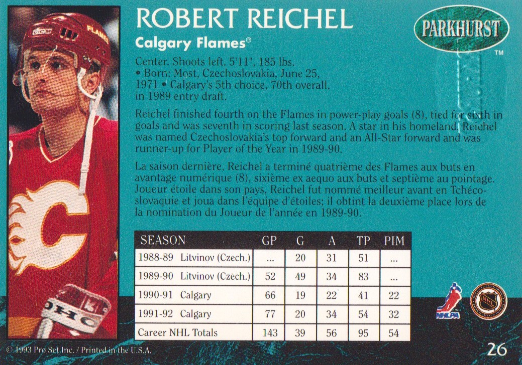 1992-93 Parkhurst Emerald Ice #26 Robert Reichel back image