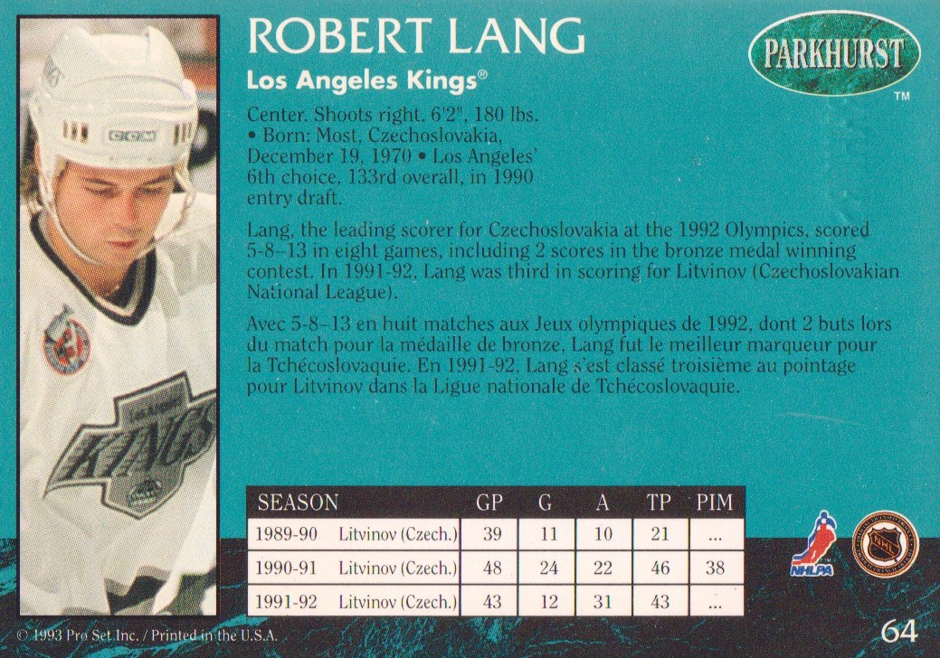 1992-93 Parkhurst Emerald Ice #64 Robert Lang back image