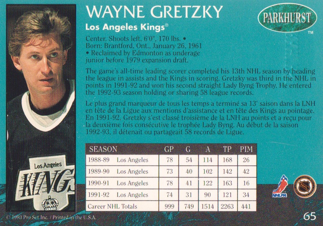 1992-93 Parkhurst Emerald Ice #65 Wayne Gretzky back image