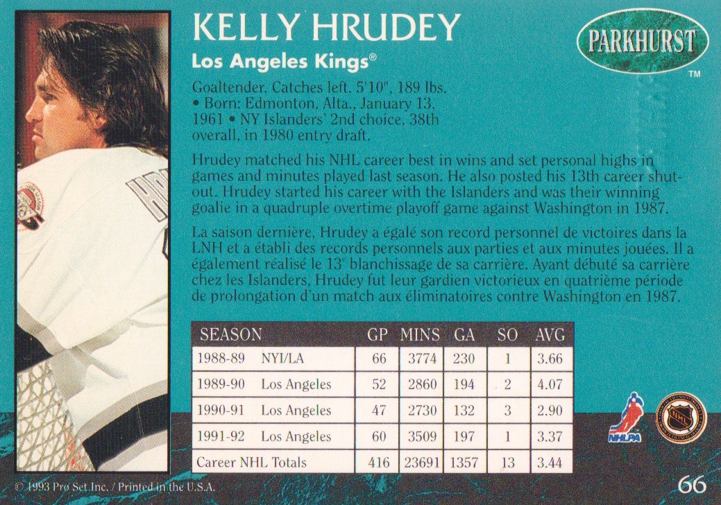 1992-93 Parkhurst Emerald Ice #66 Kelly Hrudey back image