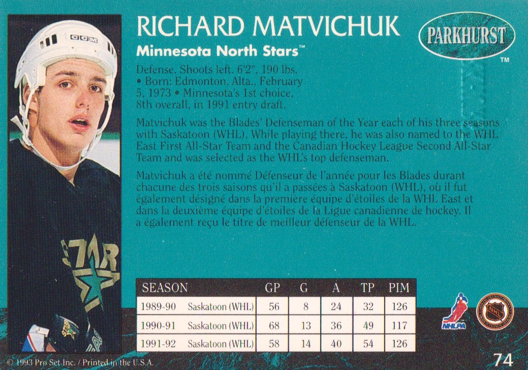 1992-93 Parkhurst Emerald Ice #74 Richard Matvichuk back image