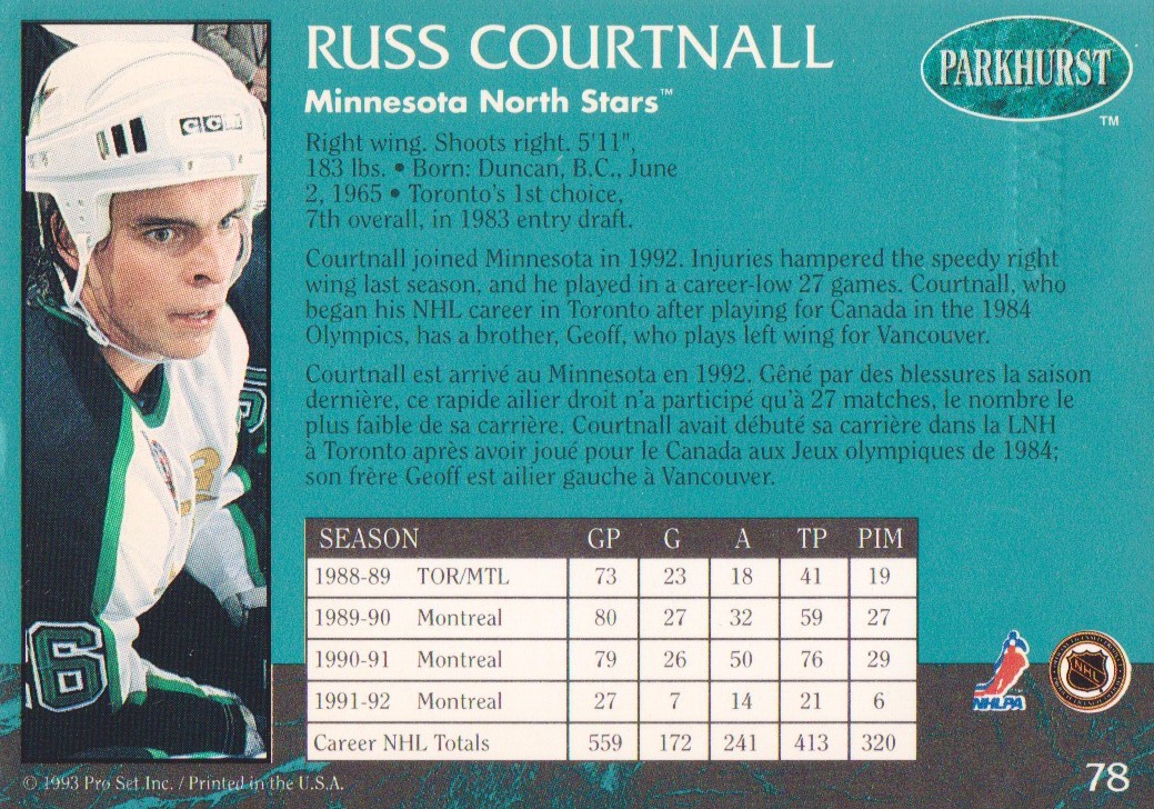 1992-93 Parkhurst Emerald Ice #78 Russ Courtnall back image