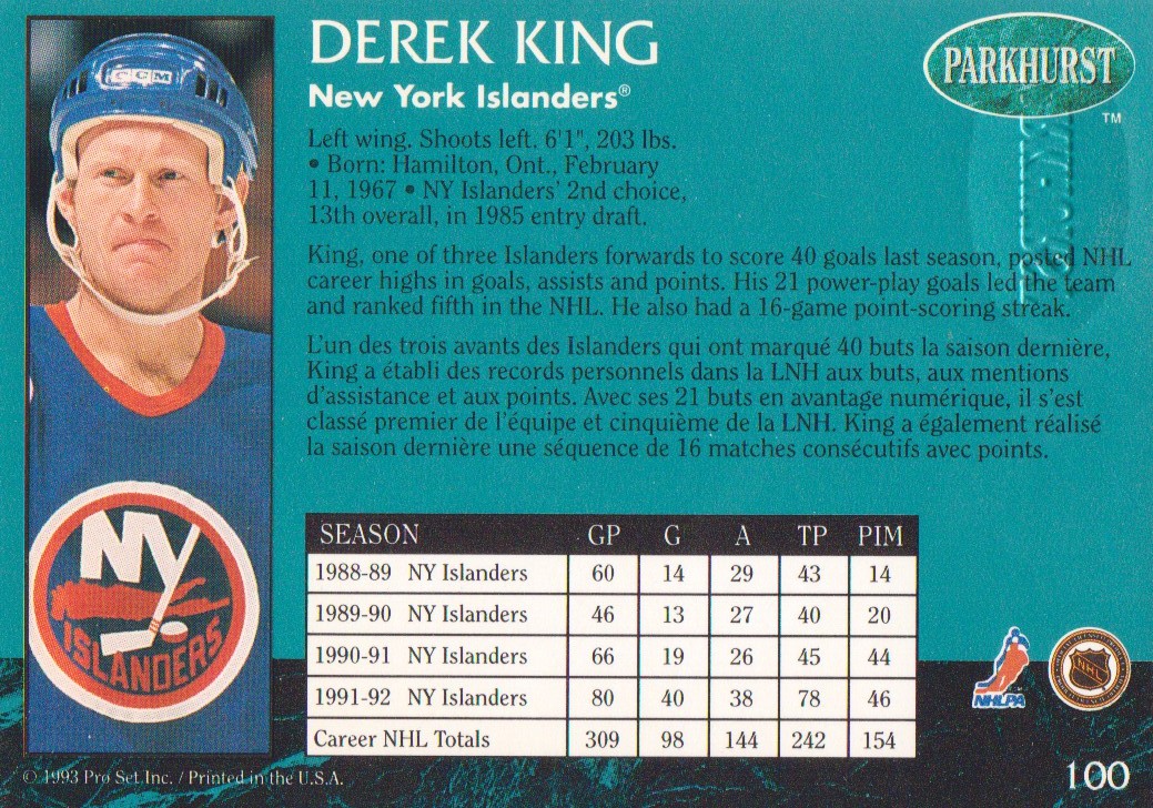 1992-93 Parkhurst Emerald Ice #100 Derek King back image