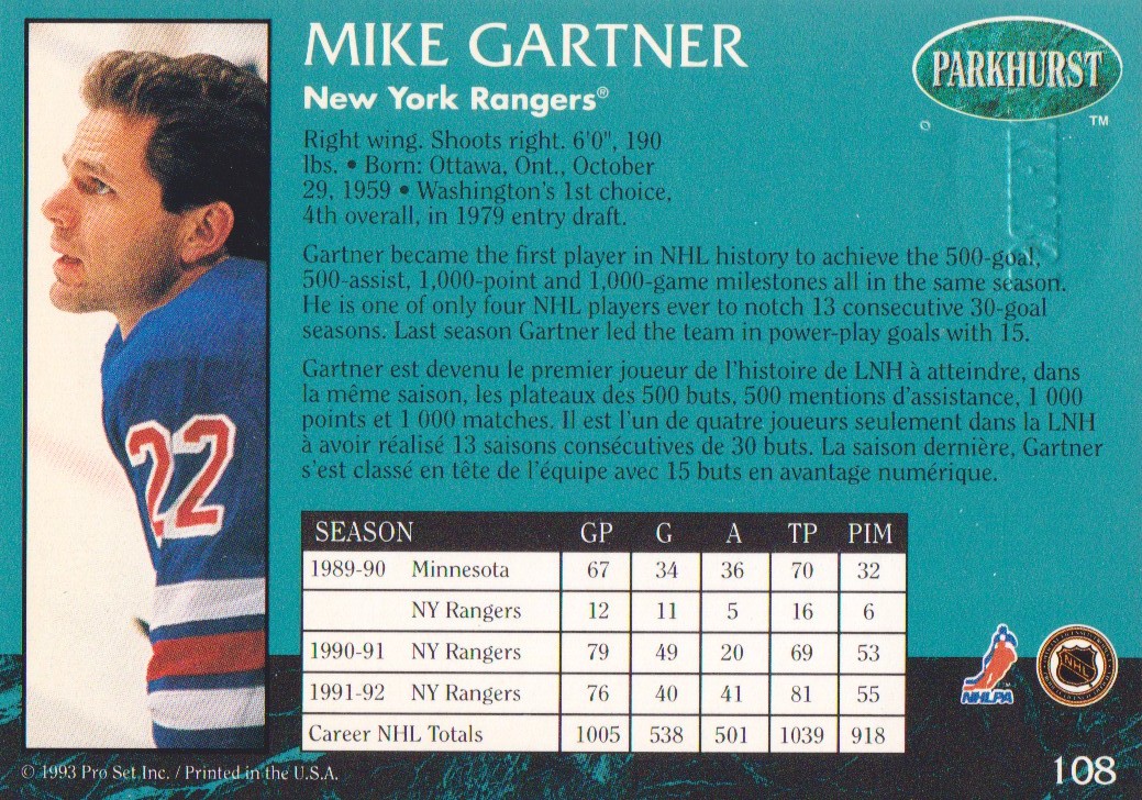 1992-93 Parkhurst Emerald Ice #108 Mike Gartner back image