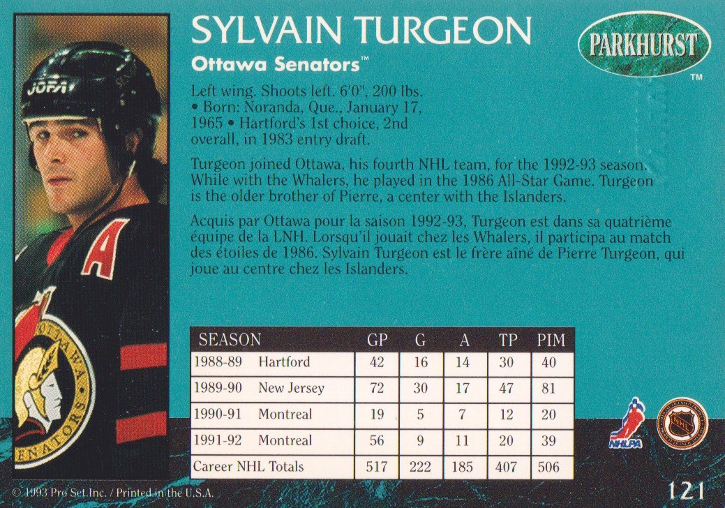 1992-93 Parkhurst Emerald Ice #121 Sylvain Turgeon back image