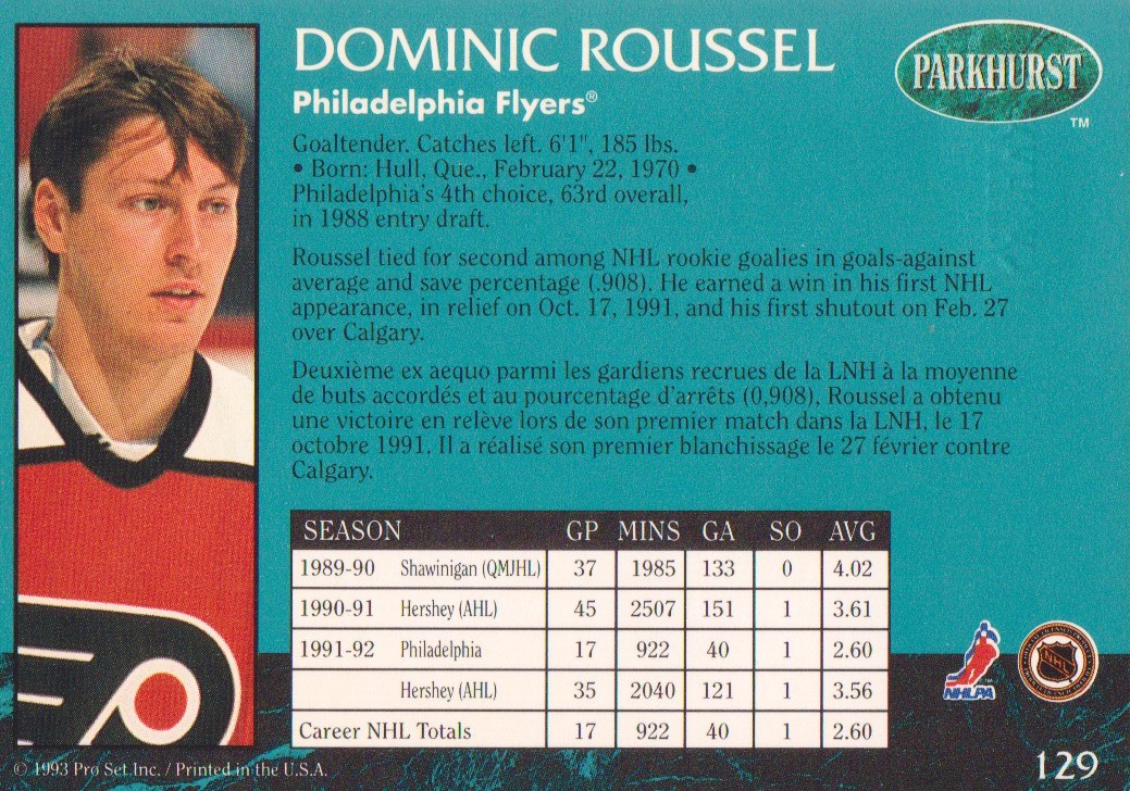 1992-93 Parkhurst Emerald Ice #129 Dominic Roussel back image