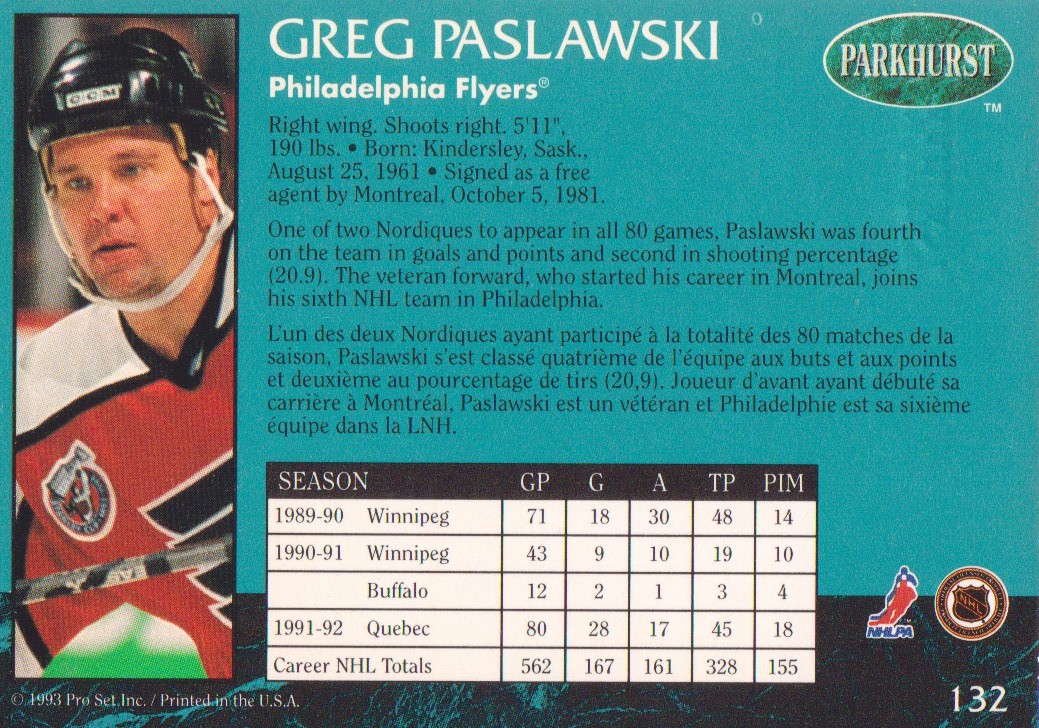 1992-93 Parkhurst Emerald Ice #132 Greg Paslawski back image