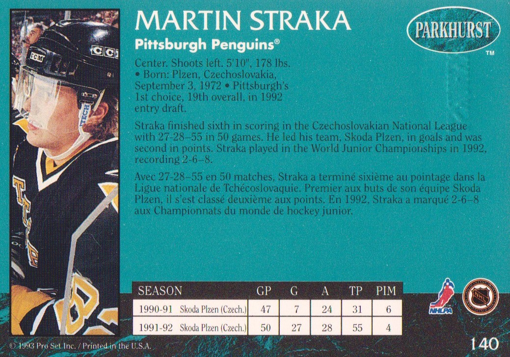 1992-93 Parkhurst Emerald Ice #140 Martin Straka back image