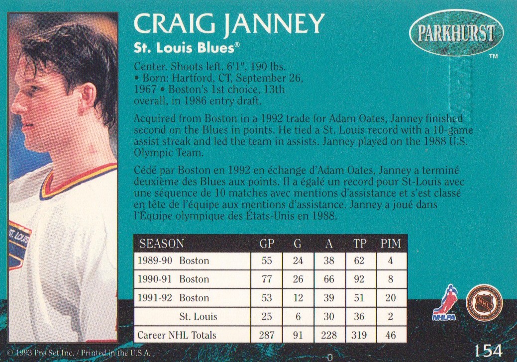 1992-93 Parkhurst Emerald Ice #154 Craig Janney back image