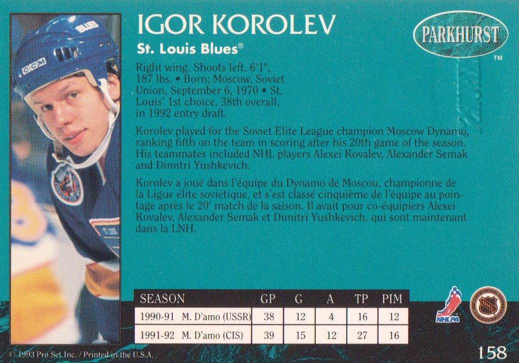1992-93 Parkhurst Emerald Ice #158 Igor Korolev back image