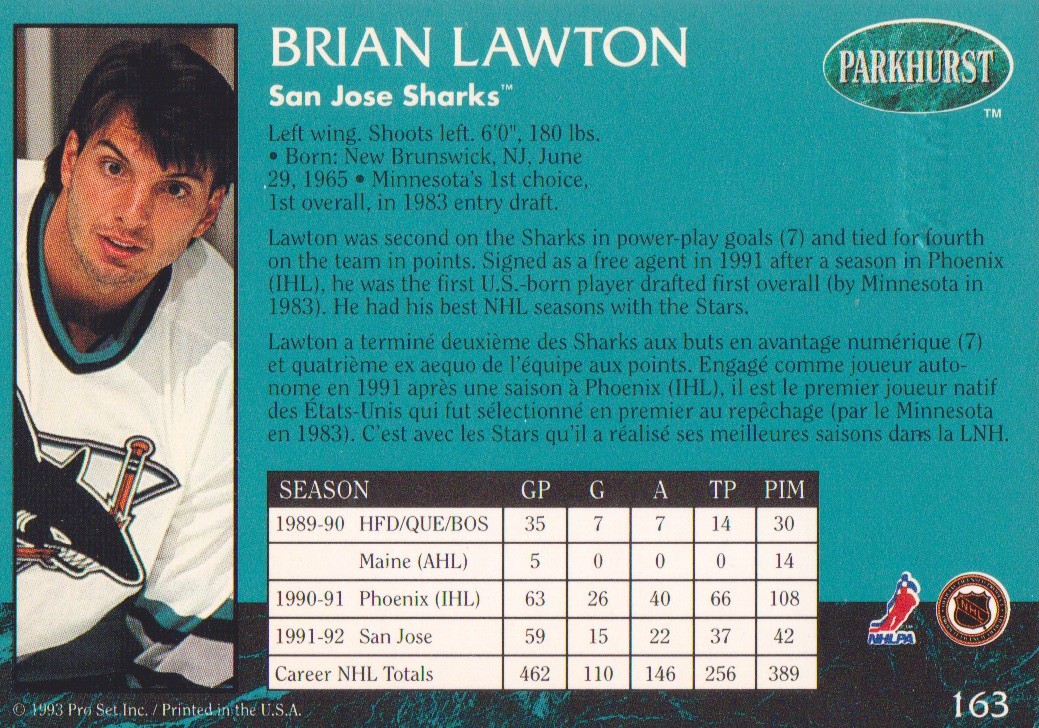 1992-93 Parkhurst Emerald Ice #163 Brian Lawton back image