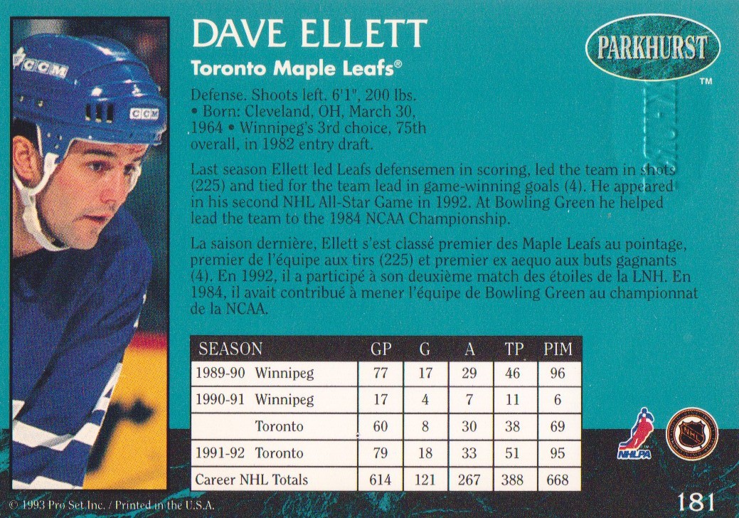 1992-93 Parkhurst Emerald Ice #181 Dave Ellett back image