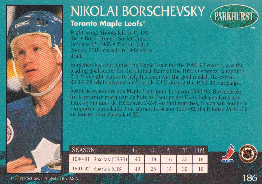 1992-93 Parkhurst Emerald Ice #186 Nikolai Borschevsky back image