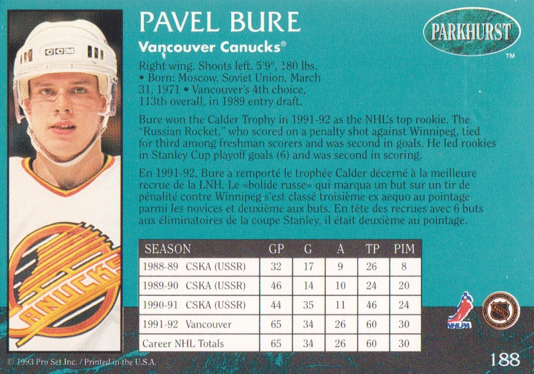 1992-93 Parkhurst Emerald Ice #188 Pavel Bure back image