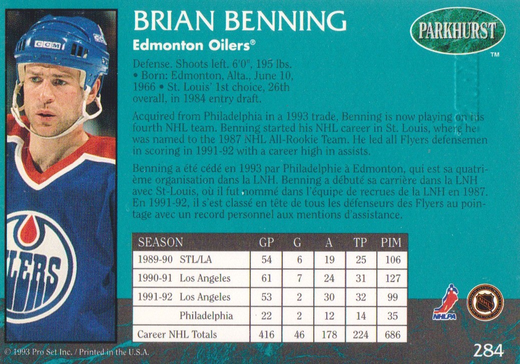 1992-93 Parkhurst Emerald Ice #284 Brian Benning back image