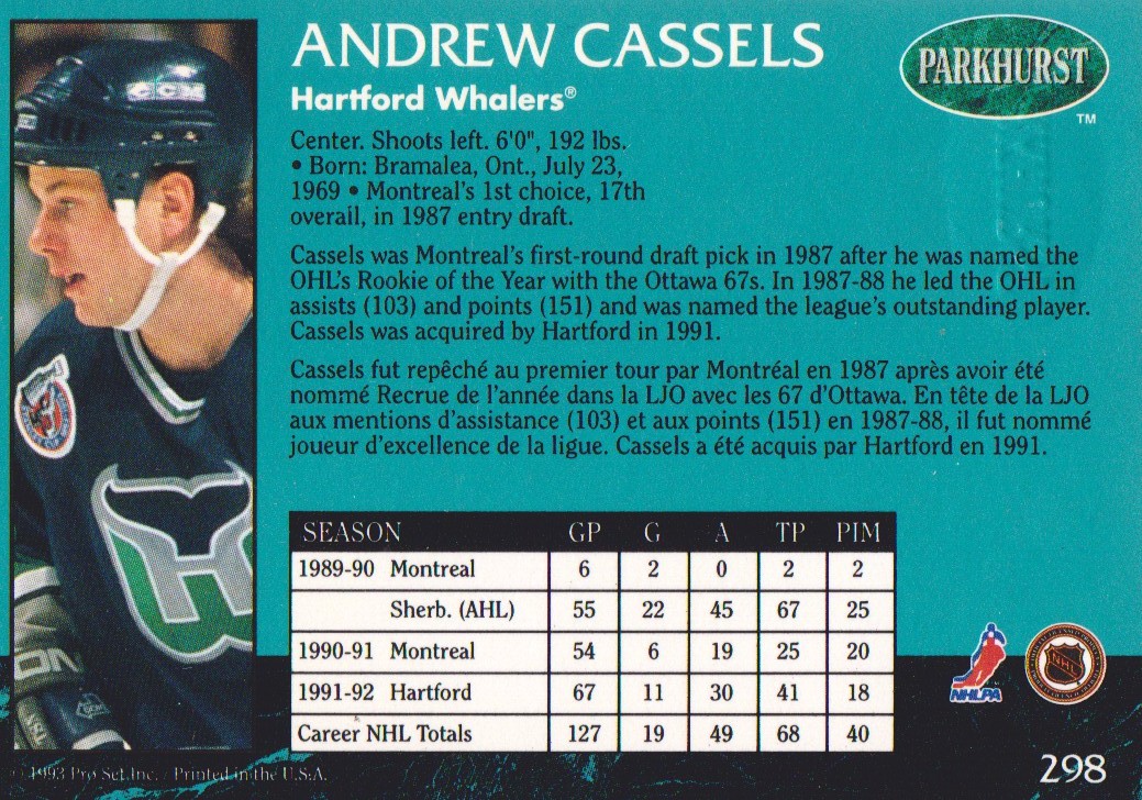 1992-93 Parkhurst Emerald Ice #298 Andrew Cassels back image