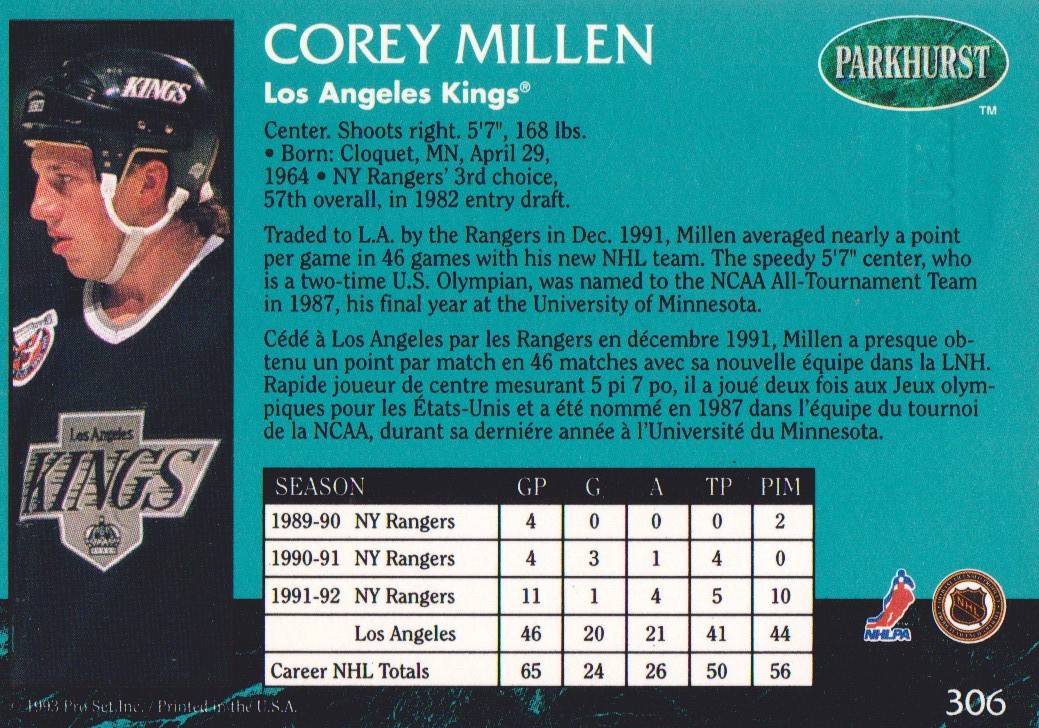 1992-93 Parkhurst Emerald Ice #306 Corey Millen back image