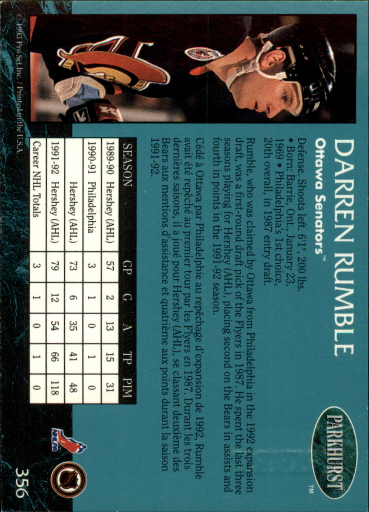 1992-93 Parkhurst Emerald Ice #356 Darren Rumble back image
