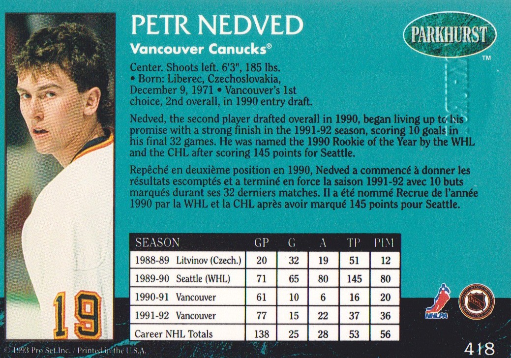 1992-93 Parkhurst Emerald Ice #418 Petr Nedved back image