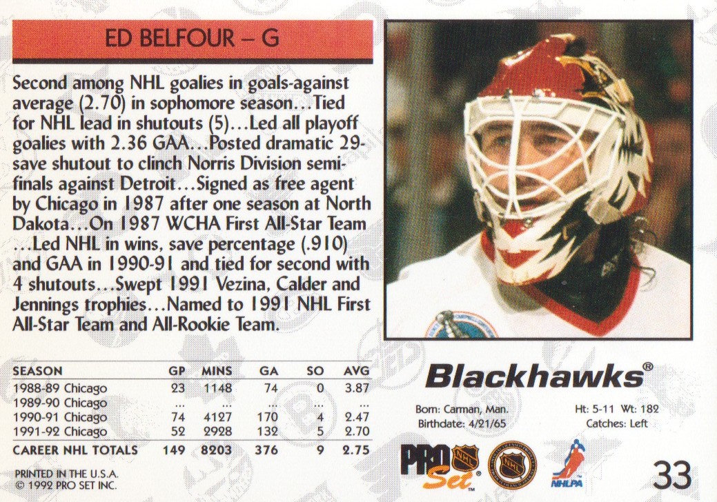 1992-93 Pro Set #33 Ed Belfour back image