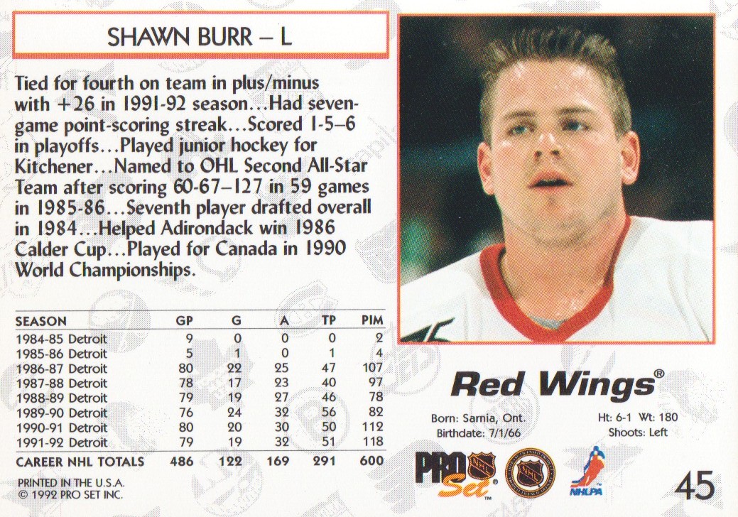 1992-93 Pro Set #45 Shawn Burr back image
