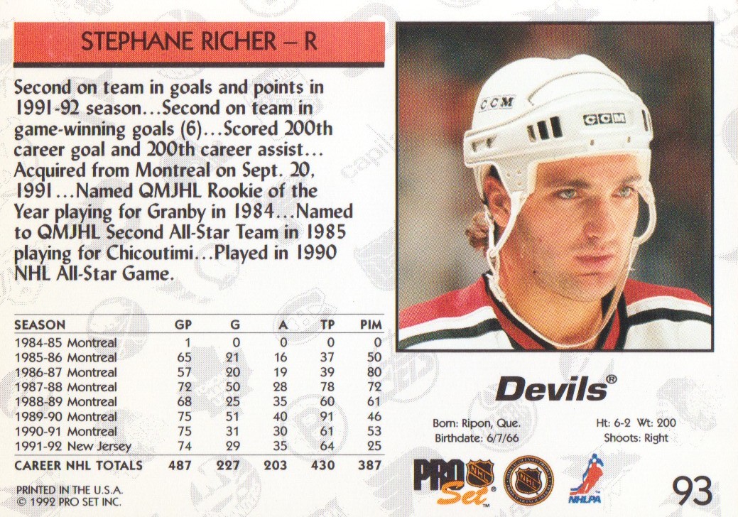 1992-93 Pro Set #93 Stephane Richer back image