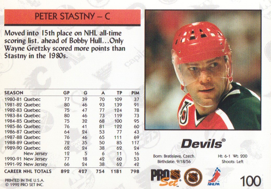 1992-93 Pro Set #100 Peter Stastny back image