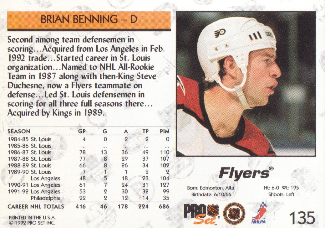 1992-93 Pro Set #135 Brian Benning back image