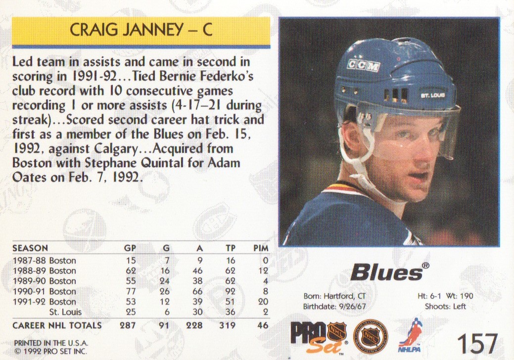 1992-93 Pro Set #157 Craig Janney back image