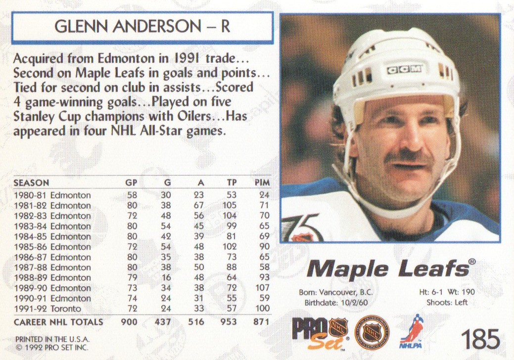 1992-93 Pro Set #185 Glenn Anderson back image