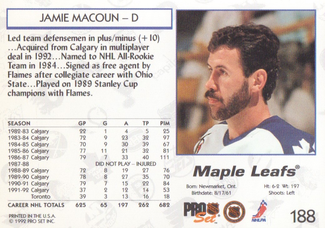 1992-93 Pro Set #188 Jamie Macoun back image
