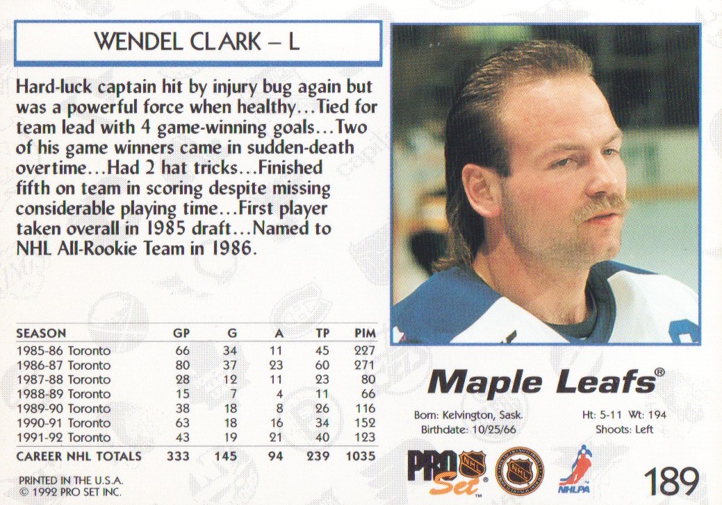 1992-93 Pro Set #189 Wendel Clark back image