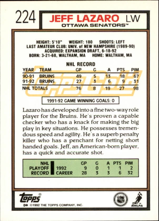 1992-93 Topps Gold #224 Jeff Lazaro back image