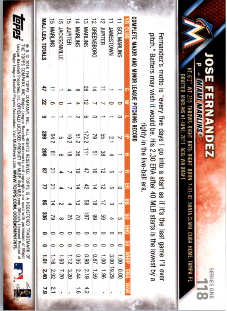 2016 Topps #118 Jose Fernandez Baseball Card