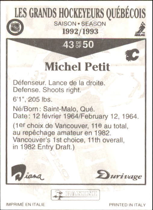 1992-93 Durivage Panini #43 Michel Petit back image