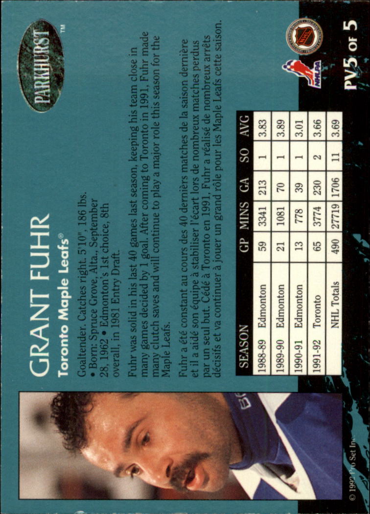 1992-93 Parkhurst Previews #PV5 Grant Fuhr back image