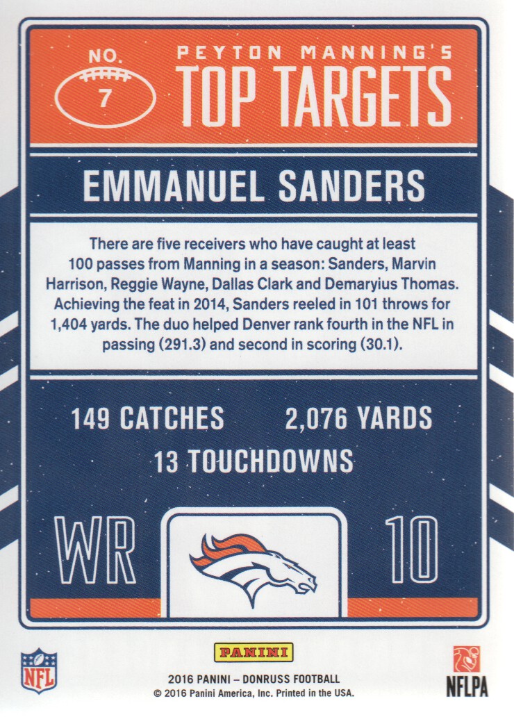 2016 Donruss Peyton Manning Top Targets #7 Emmanuel Sanders/Peyton Manning back image