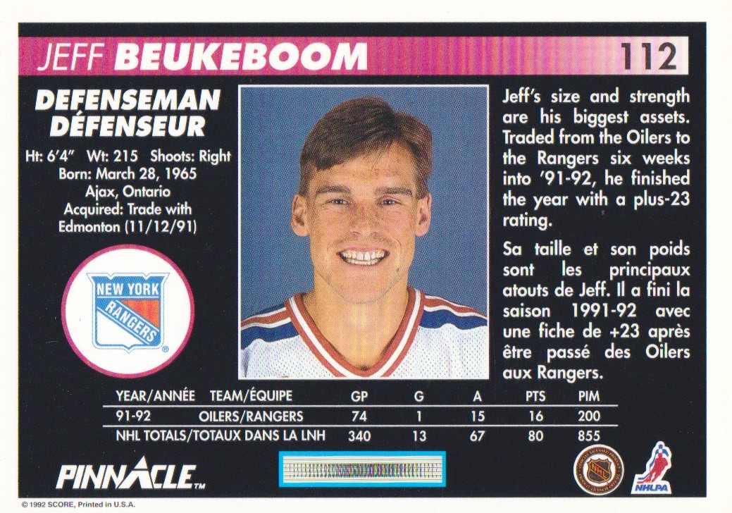 1992-93 Pinnacle French #112 Jeff Beukeboom back image